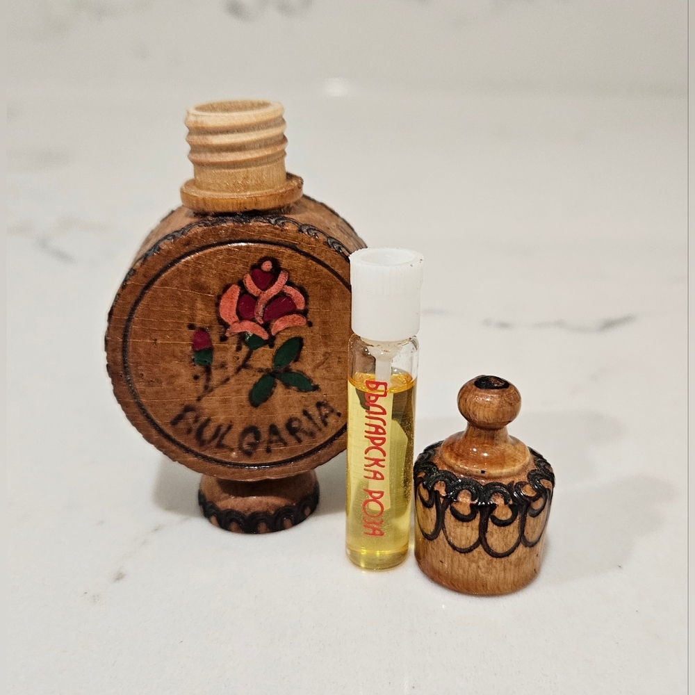 Vintage Bulgaria Wood Perfume Bottle/Holder Hand Painted